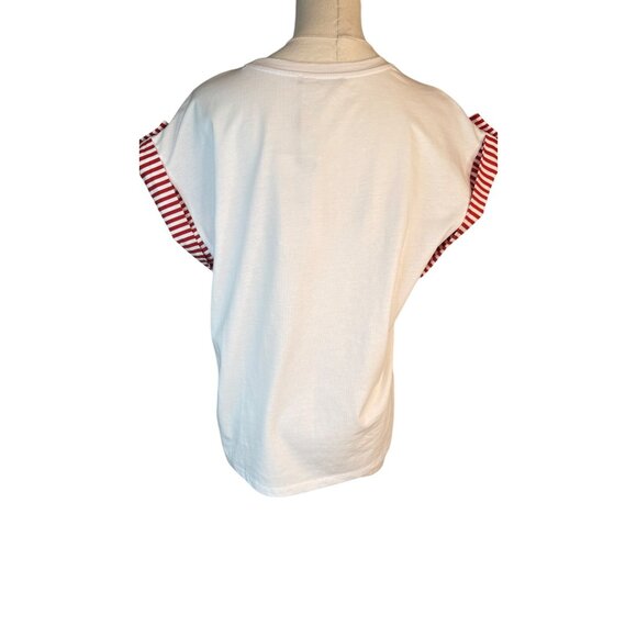 NWT Zara Medium White T-Shirt With Red Striped Flutter Sleeves 100% Cotton - Picture 2 of 14